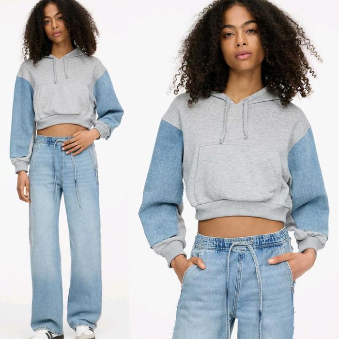 PULL&BEAR HOODIE JAKET SWEATSHIRT WITH DENIM GRAY ASLI ORIGINAL BARU