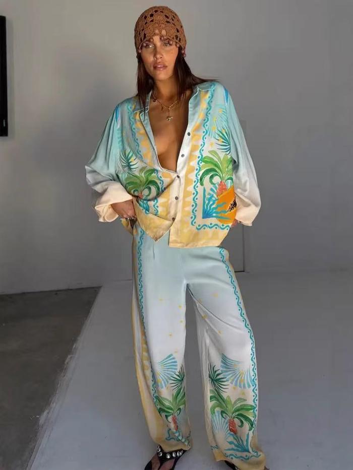 PALM V neck set top long sleeve + long pants woman premium / setelan pantai wanita / beachwear bali 