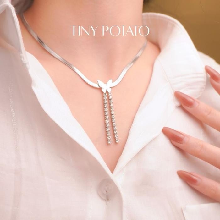 TinyPotato QUEEN Necklace Kalung Kristal Kupu Titanium Stainless Anti Karat New