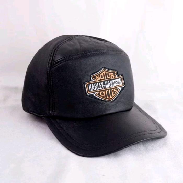 Harley-Davidson Topi Kulit Asli Pria Model Hurley dengan Logo Motorcycles Hitam