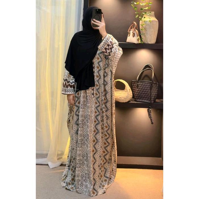 LKA.ID - Alisha Kaftan Rayon Motif Premium Terbaru Kaftan Resleting Busui Friendly - Alisha Cream, A