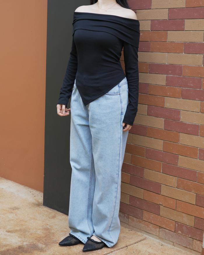 【NEW】T-Shirt Off Shoulder Long Sleeve Asymmetrical 1798 (S/M/L) TERBARU..!!