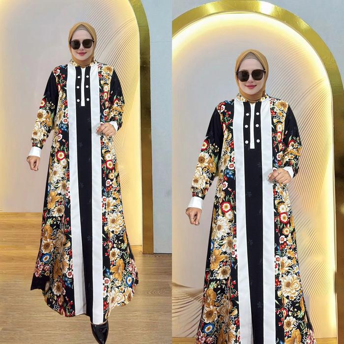 Dress Maxi Elegan Motif Bunga Kain Wolfis VVIP  Wanita Muslim Pesta Kondangan Mewah Gamis Dewasa Nya