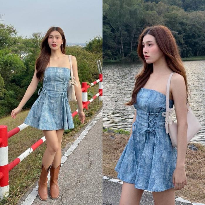 [ADA SIZE BESAR] D1588 SASKIA KOREAN STYLE VINTAGE MINI DRESS SEMI JEANS TALI SIMPLE POLOS SABRINA