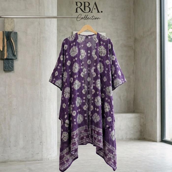 RBA Collection Outer Jumputan Titik Tujuh Baju Panjang Warna Ungu dengan Pola Floral Elegan untuk Ga