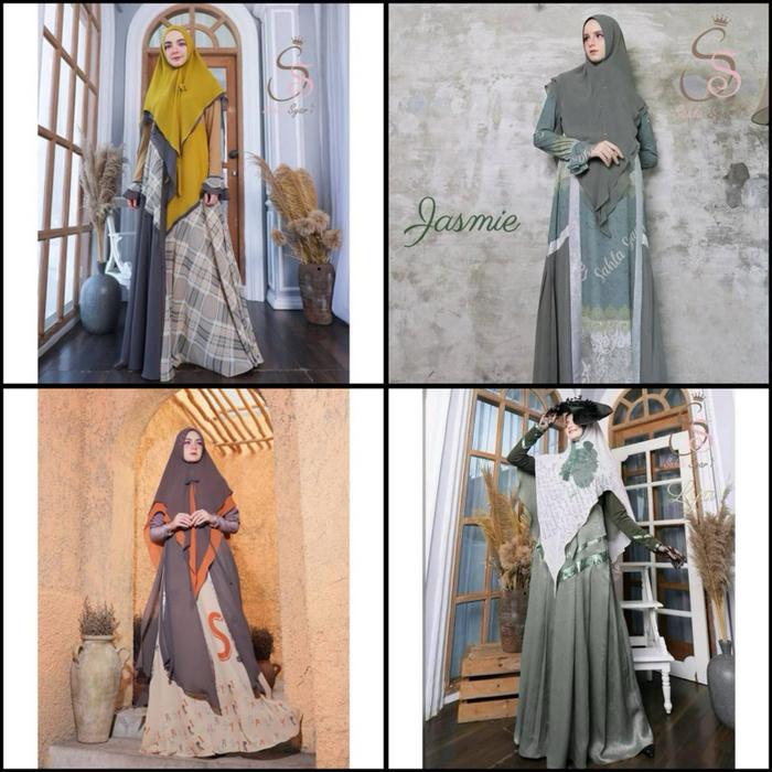[SAHLA SYAR’I] Gamis Syari Terbaru / Dress Set Printing Ceruty Premium “Jasmine, LYA, Abu Cream Hija