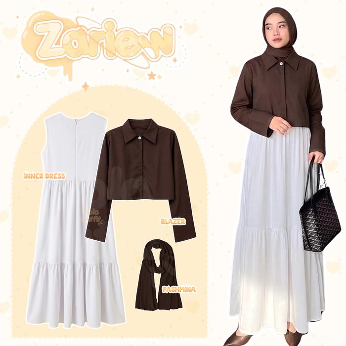 One Set Blazer Wanita Hijab 3in1 Kekinian / atasan Zora Blazer Mahoghany Semiwool + Inner Dress Ruff