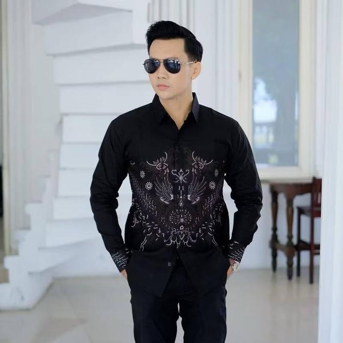 Kemeja Batik Pria Lengan Panjang Simpel Modern Siap Seragam Casual Terbaru - Katun, Baju Baju Hitam 