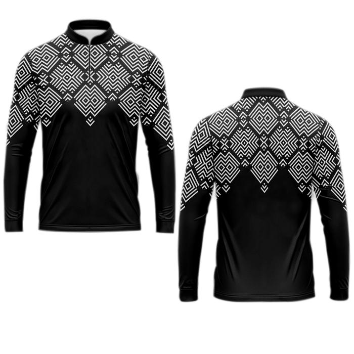 baju koko muslim pria hitam corak putih motif batik dewasa jersey motif full printing panjang dan pe