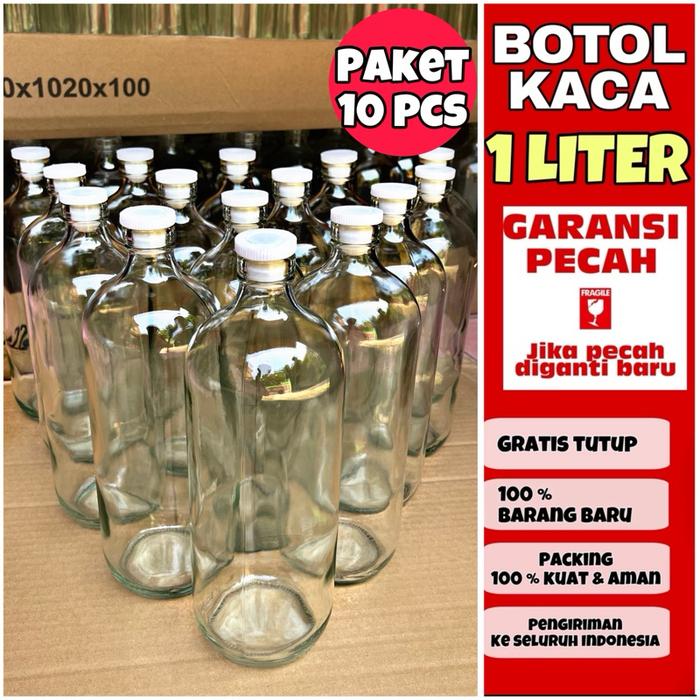 BOTOL KACA 1 LITER paket 10 pcs| botol bensin,botol jamu,botol minuman 100% botol baru