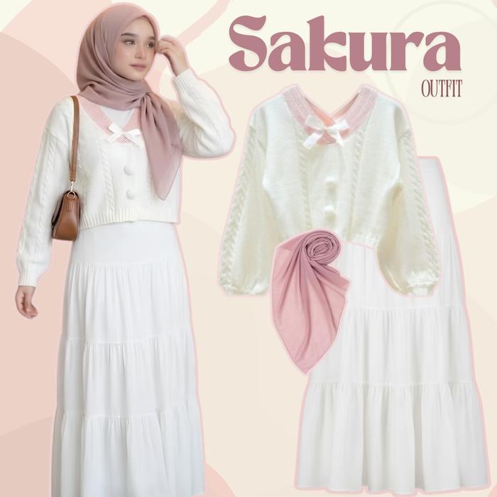 Setelan Hijab Wanita 3in1 Korean Look Aesthetic | Hijab Bella + Rajut + Rok | Outfit Hangout Casual 
