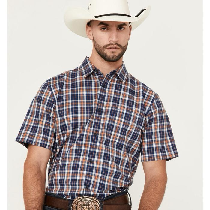 KEMEJA KOTA NAVY- CODY JAMES MEN'S TEQUILA SUNRISE PLAID PRINT SHORT SLEEVE BUTTON-DOWN STRETCH WEST