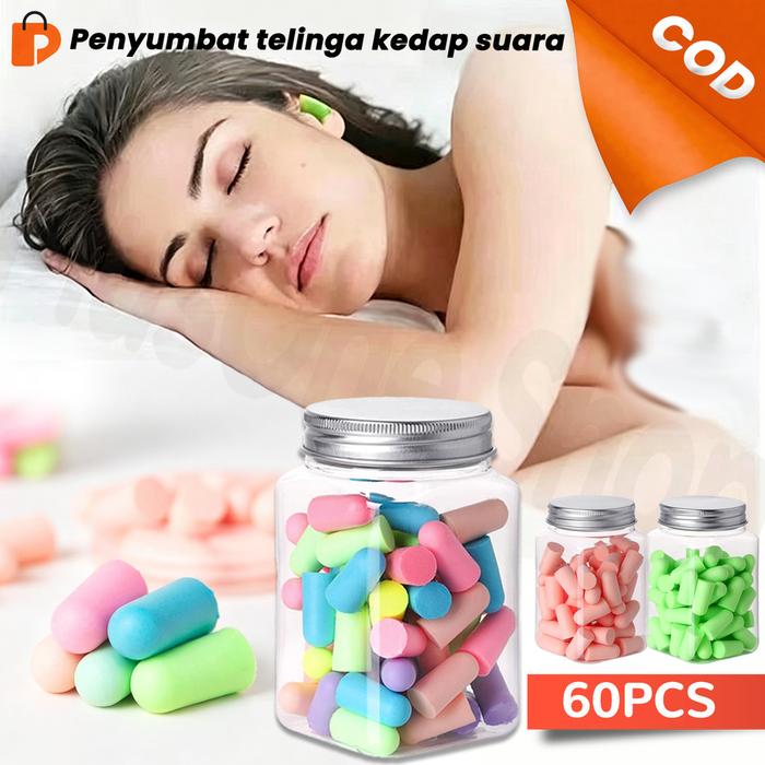 Earplug Penutup Telinga Anti Bising 60 Pcs Slow Rebound PU Lembut untuk Tidur Traveling 2 Ukuran 3 W