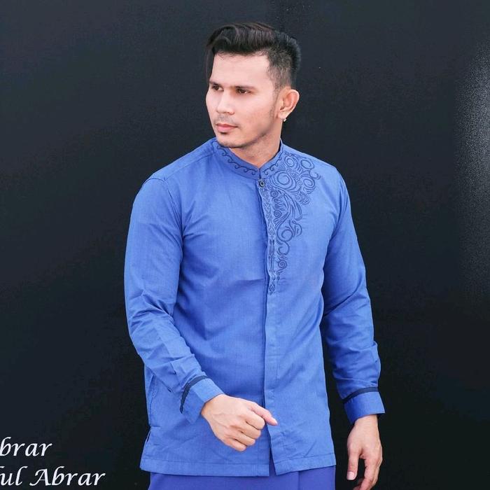 Koko MA 2445 Biru Telang Khusus Umroh Lebaran Modis Elegan Kombinasi Bordir untuk Pria