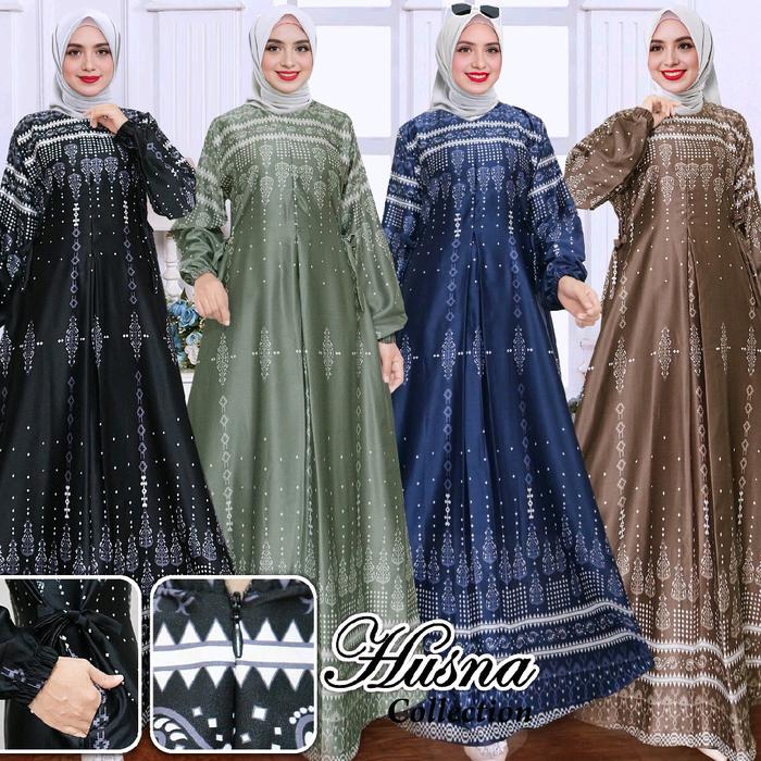 Husna Collection Gamis Silk Premium Shakila Kain Maxmara Motif Dress Lebaran Muslim Panjang Dewasa S