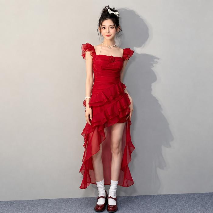 Elegant White Ruffle Maxi Dress Off Shoulder / Off Shoulder High Low Ruffle Dress Wanita Depan Pende