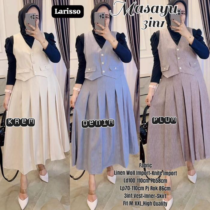 Masayu set 3in1 by LARISSO (oneset setelan polos, bahan linen woll import, knite import, isi vest in