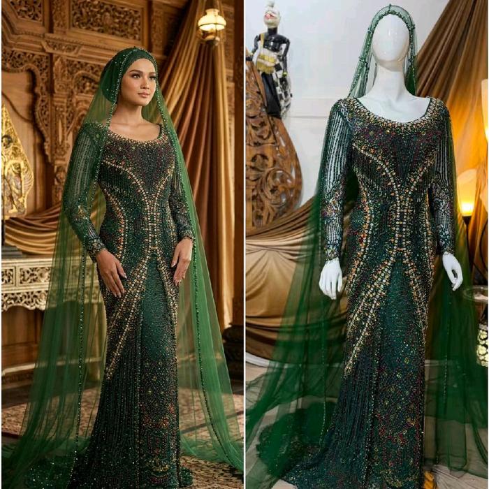 Kebaya pengantin luxury premium Hijau botol mix maroon