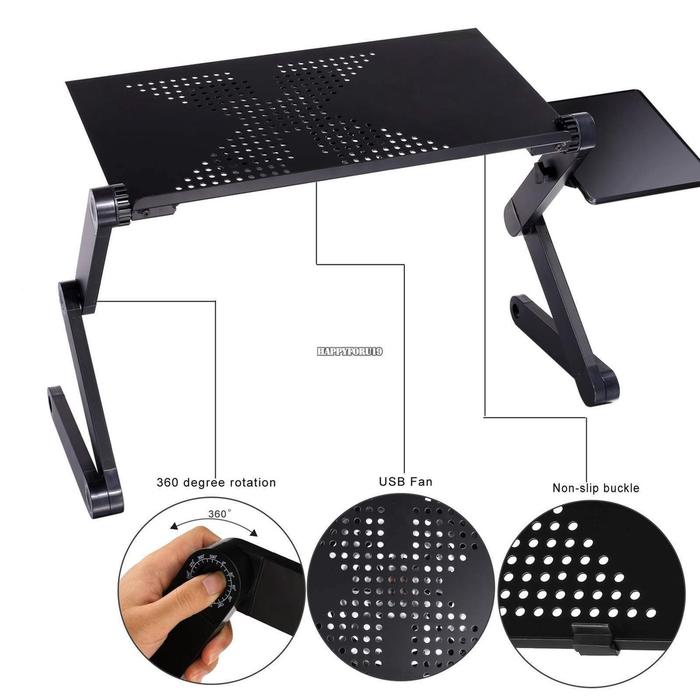 Meja Laptop Portable Aluminium Lipat Meja Notebook bisa lipat + Las Mause + Kipas