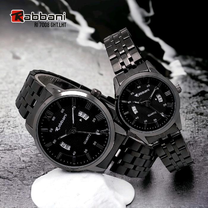 Rabbani 7008 Ght/Lht, Jam tangan Couple, Rantai hitam, mesin tanggal aktif, water resistant.