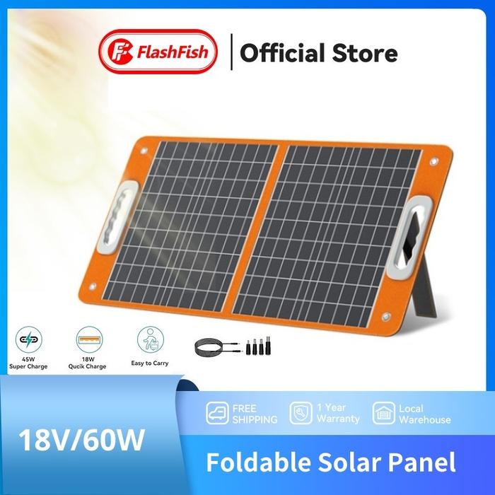 (Ready) Flashfish Panel Surya Mono 60Wp Portable Solar Panel Foldable Solar Charger Dc/Usb/Type C Ou