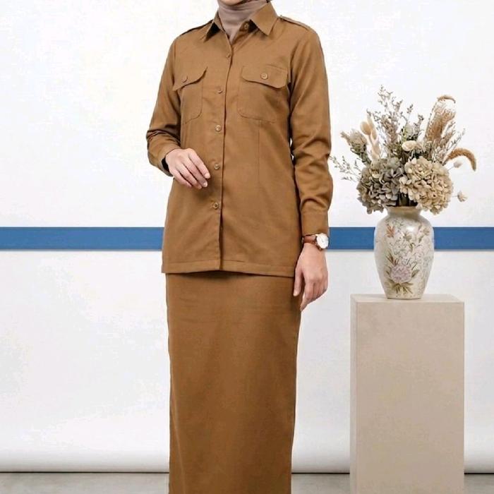 BAJU SETELAN SERAGAM PEMDA KHAKI MODEL GAMIS DAN ROK SPAN