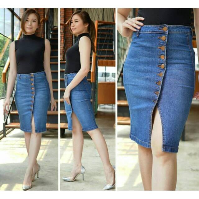 Ckey Rok Jeans Span Kancing / Rok Jeans Wanita