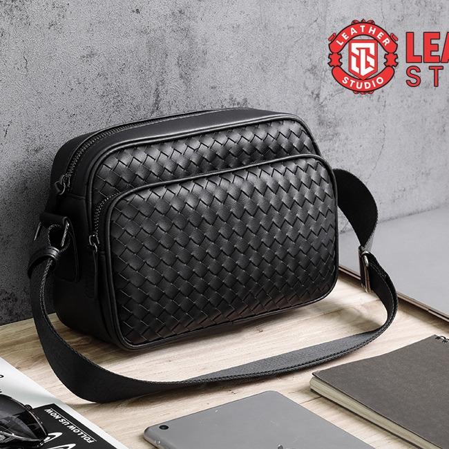 Leather Studio Evan Tas Pria Selempang Bahu korea Style waistbag kulit tas HP Motif Sulam Anyaman