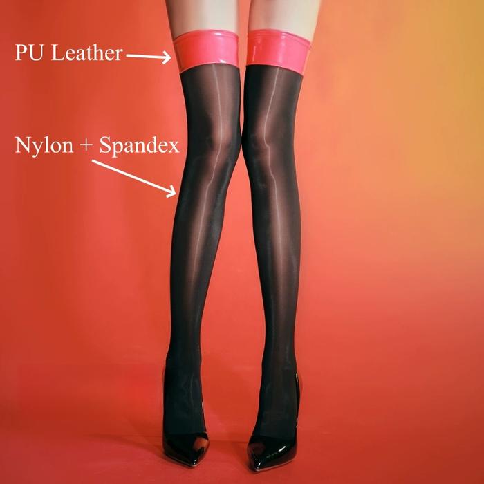 Gothic Punk Wetlook PVC Leather Rib Cut Edge Thigh High Stockings Female Erotic Oil Glossy Pole Danc
