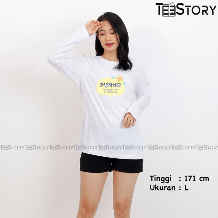 Kaos Lengan Panjang Good Morning Korean Lucu Annyeonghaseyo Atasan Baju T-Shirt Long Sleeve Fashion 