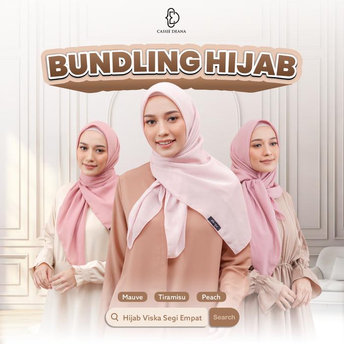 Jilbab Segiempat Viska Hijab Polos Bundle 3 Warna Mauve Glow, Tiramisu dan Peach Bahan Voal Superfin