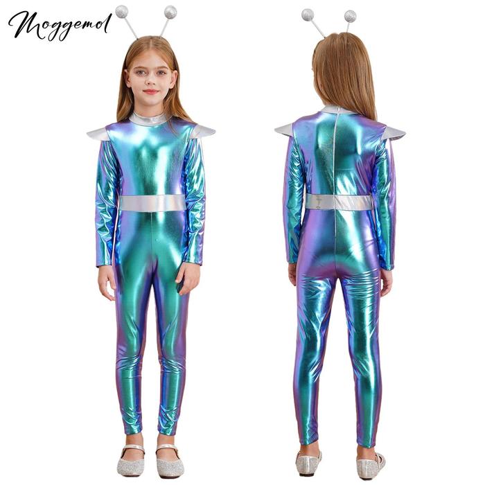 Girls Boys Alien Outerspace Future Robot Cosplay Costume Shiny Metallic Full Length Zentai Jumpsuits