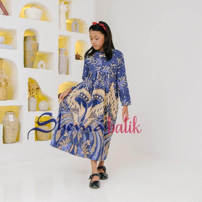 gamis batik anak perempuan moderen gamis biru navi model rempel resleting depan tali pinggang Dress 