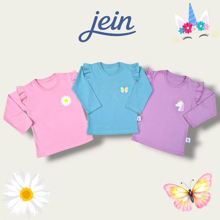 JEIN - Kaos Anak Perempuan Lengan Panjang Lucu 1-4 Tahun - Baju Anak Cewek Motif Unicorn, Kupu-Kupu,