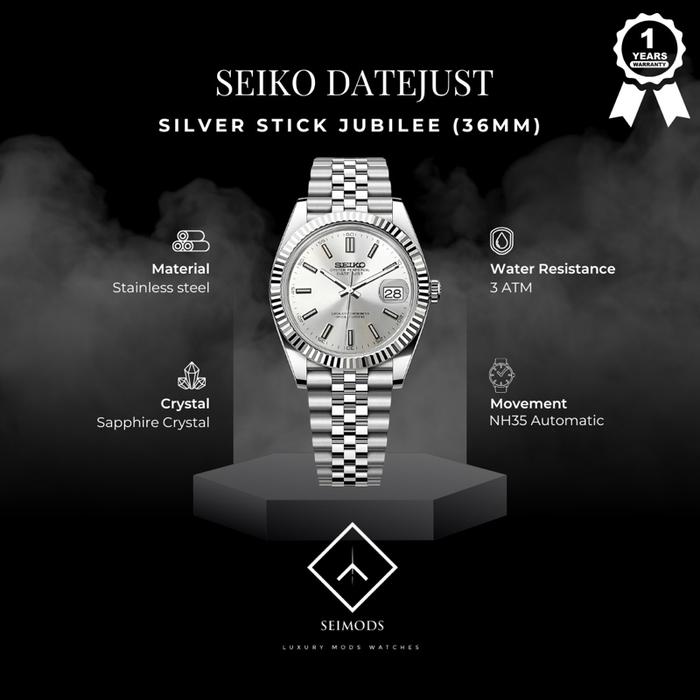 Jam Tangan Seiko Mod Datejust Seikolex Silver Stick 36mm NH35 Automatic
