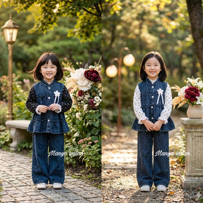 Polkadot Set Jeans 3in1 Bunga Anak Perempuan Usia 3 - 12 Tahun / Setelan Viral Rompi Lepas Model Kek
