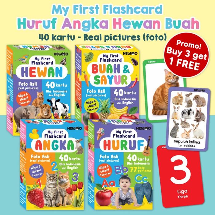 Buy 3 Get 1 Free! My First Flashcard Hewan, Buah Sayur, Huruf, Angka (40 kartu - real pictures) - ka