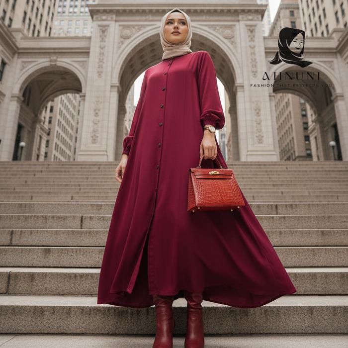 AHNUNI Gamis Full Kancing Rayon Twill Polos Lengan Karet Kondangan Simple Elegan Mewah Terbaru 2026 