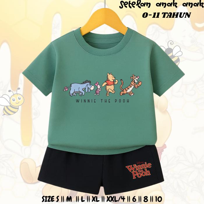 One set atasan dan bawahan anak Motif W1nnie The p0oh Genk Baju setelan anak anak bahan katun pe mua