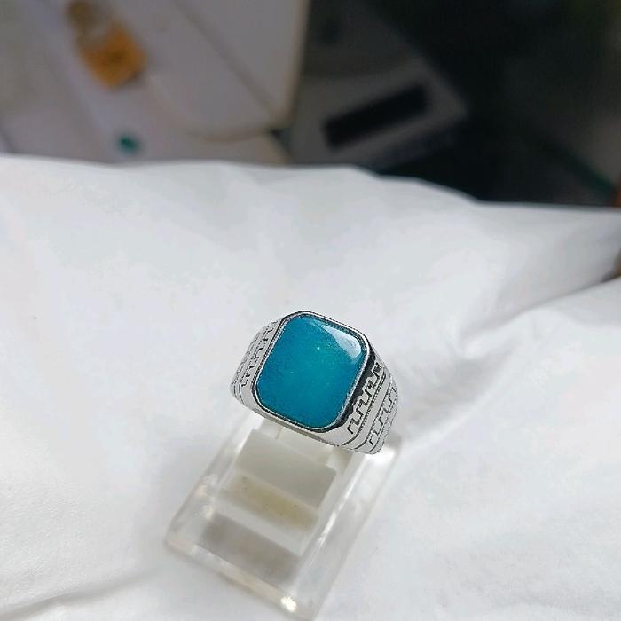 Cincin Batu Bacan Doko Majiko Biru Cristal Body Glass Natural Ukuran 13x11x5mm Bahan Titanium Super 