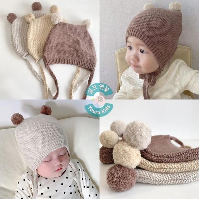 Terlaris 2 Bln - 2 Thn || Topi Bonnet Rajut Bayi Newborn Batita-Pom Pom Ball-Unisex-Model Korea Read