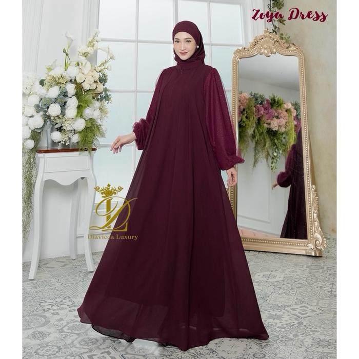 ZOYA DRESS Set Hijab Ceruty Mix Tile Glitter Sparkling Premium Motif Polos Busui Pesta Mewah Muslim 