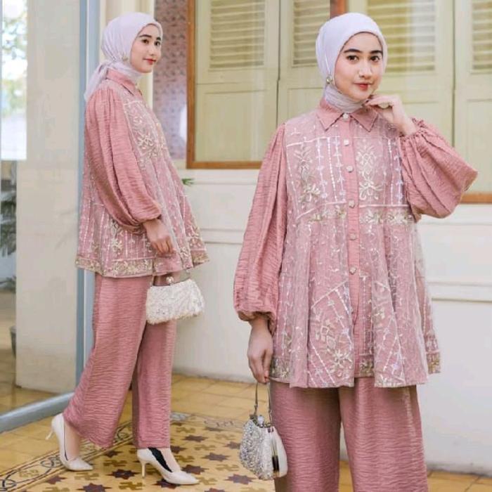 Setelan Celana Wanita Busui Mela Bahan Crinkle Kombinasi Burkat Tile - Muslim, Remaja, Kulot, Rayon,