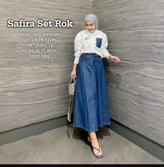 Setelan wanita Blouse + Rok Jeans 2in1 Model Jumbo LD 110 Safira Set Rok Bahan Katun Twill Mix jeans