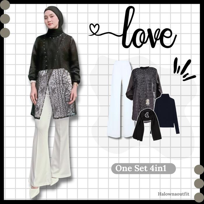 Paket Lengkap Hijab Outfit 4in1  Celana Cutbray + Outer Brukat + Manset + Hijab Bella Square | OOTD 