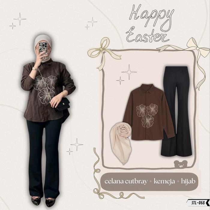 Oneset OOTD Mahogany  [Celana cutbray +Kemeja bordir +Hijab bella square] Outfit Setelan Wanita Hang