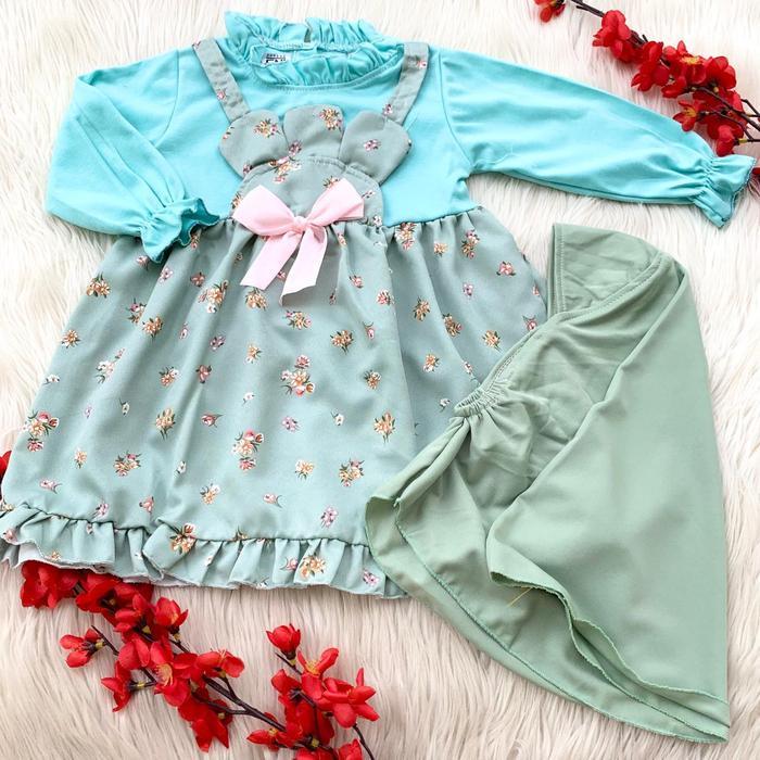 Baju setelan gamis free kerudung lucu anak bayi cewek muslimah lebaran murah bestseller top -flo