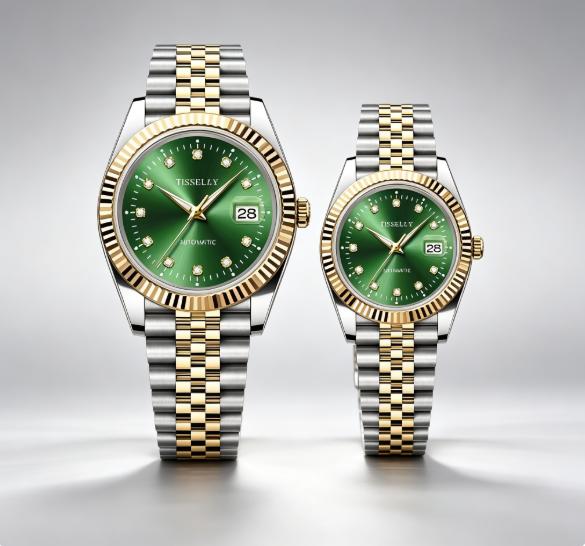 COD Jam Tangan Couple Tisselly Automatic Dial Hijau, Set Jam Pria & Wanita, Rantai Stainless Emas Ca