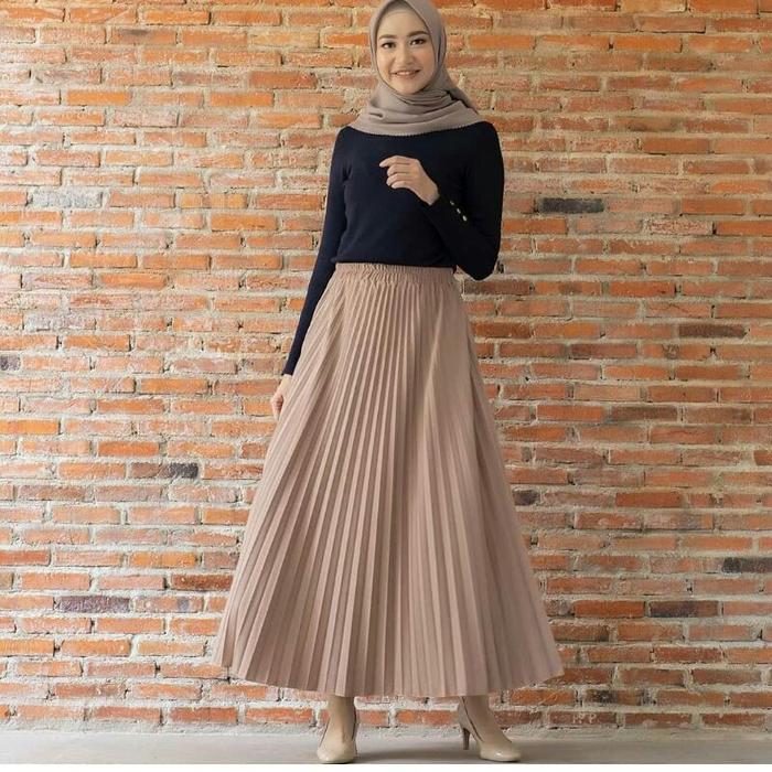 Rok Plisket Mayung Bahan Jersey Premium Muslim Wanita Bawahan Panjang Dewasa Hitam Putih Katun Motif