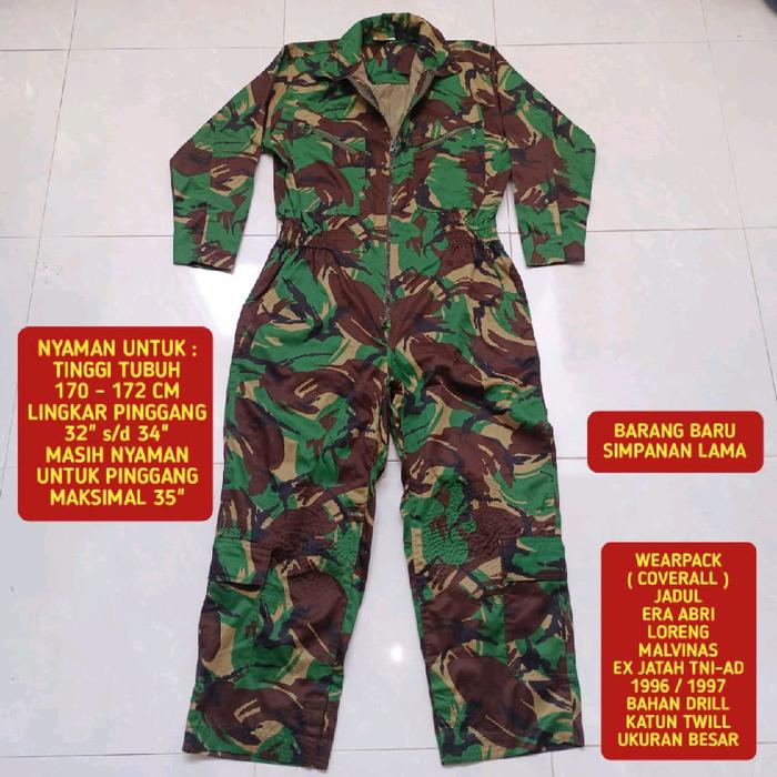 WEARPACK COVERALL JADUL LORENG MALVINAS EX JATAH TNI-AD 1996/1997 ERA A.B.R.I. BAHAN DRILL, KATUN TW